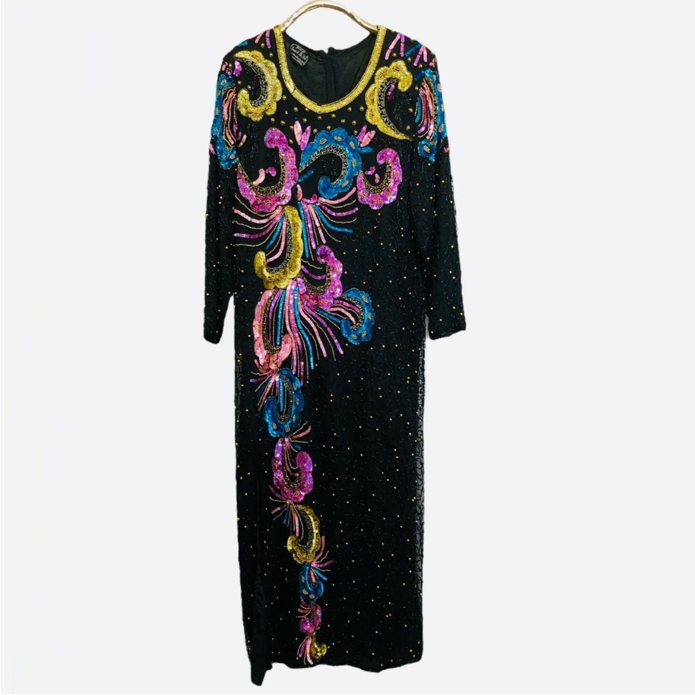 Vintage Jean for Joseph Le Bon Silk Sequined Sheath Dress Wearable Art Large